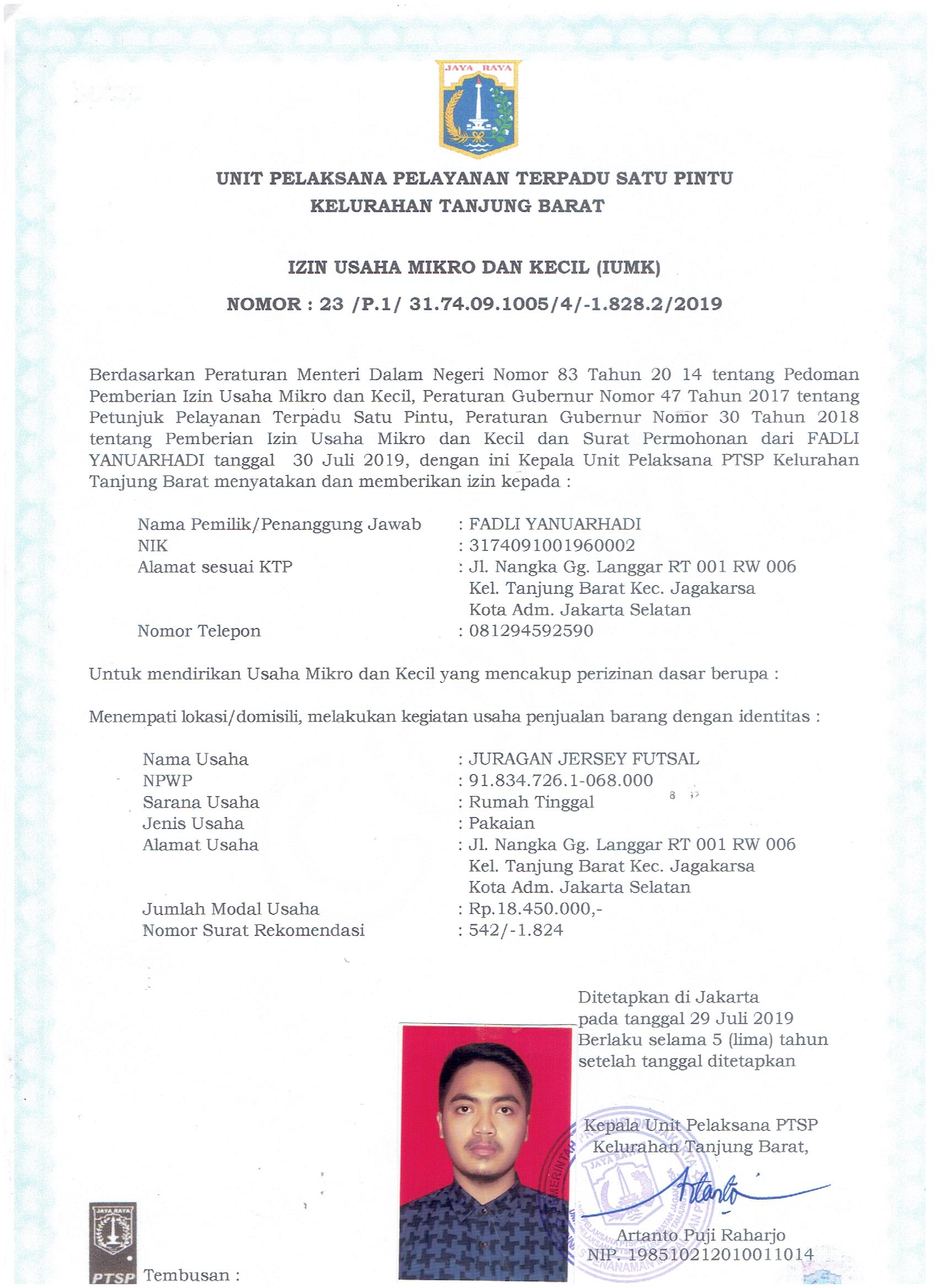 Surat izin usaha resmi Juragan Jersey