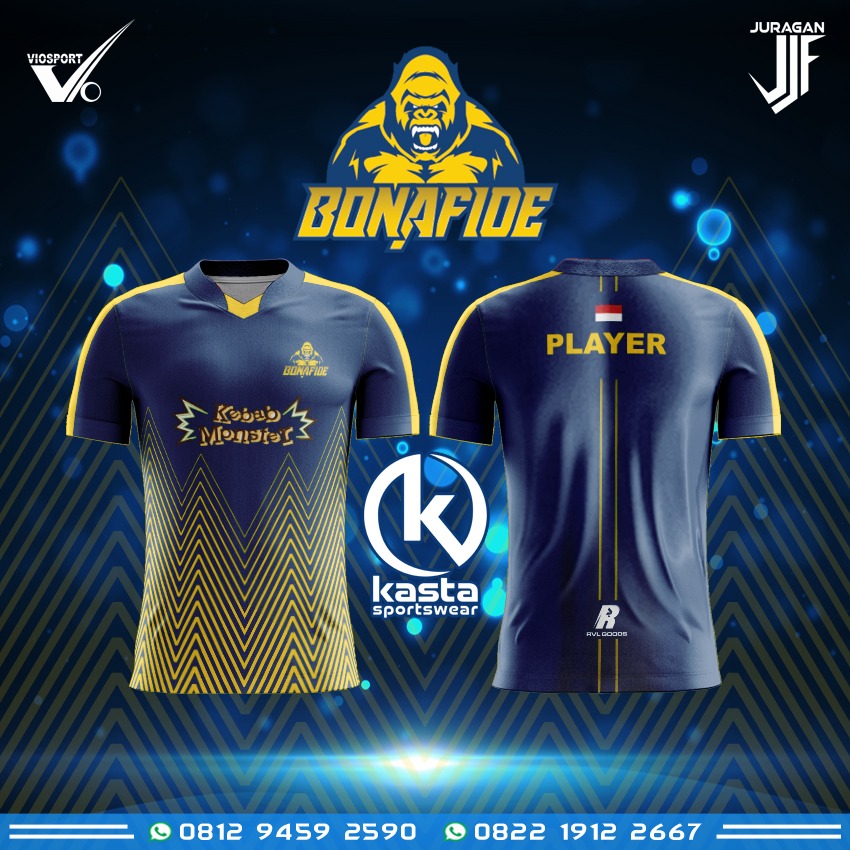 Jersey gaming custom tim Bonafide warna navy kuning printing sublim