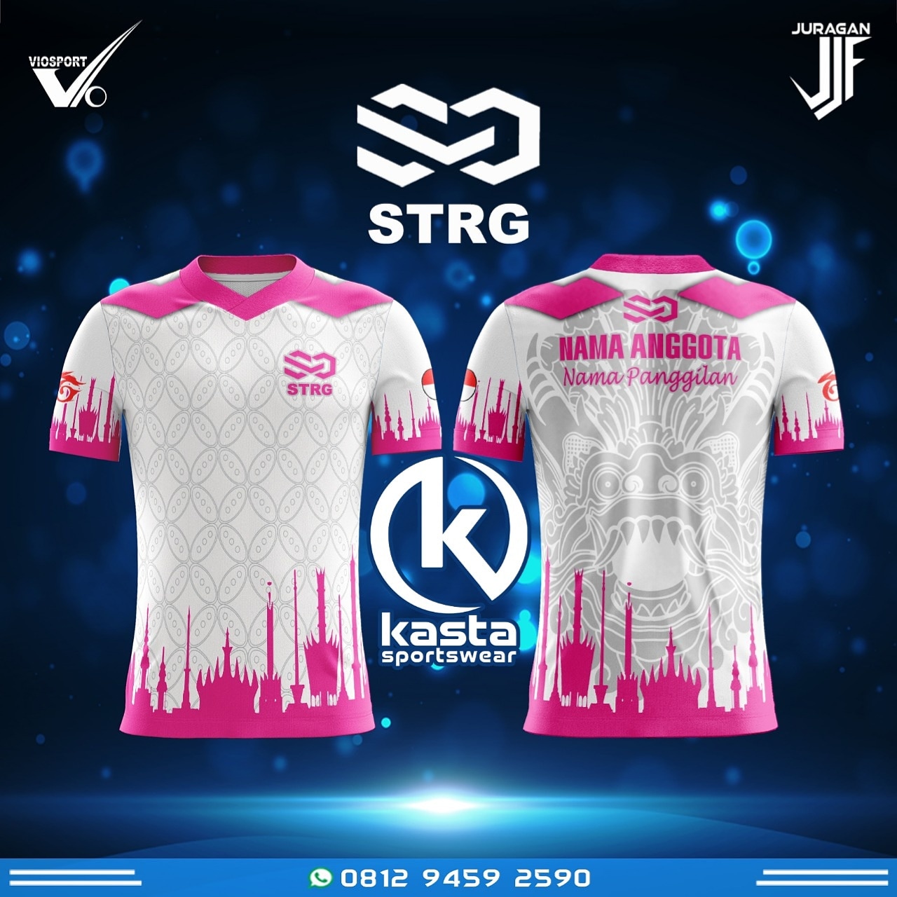 Jersey gaming custom tim STRG warna putih pink motif barong Bali