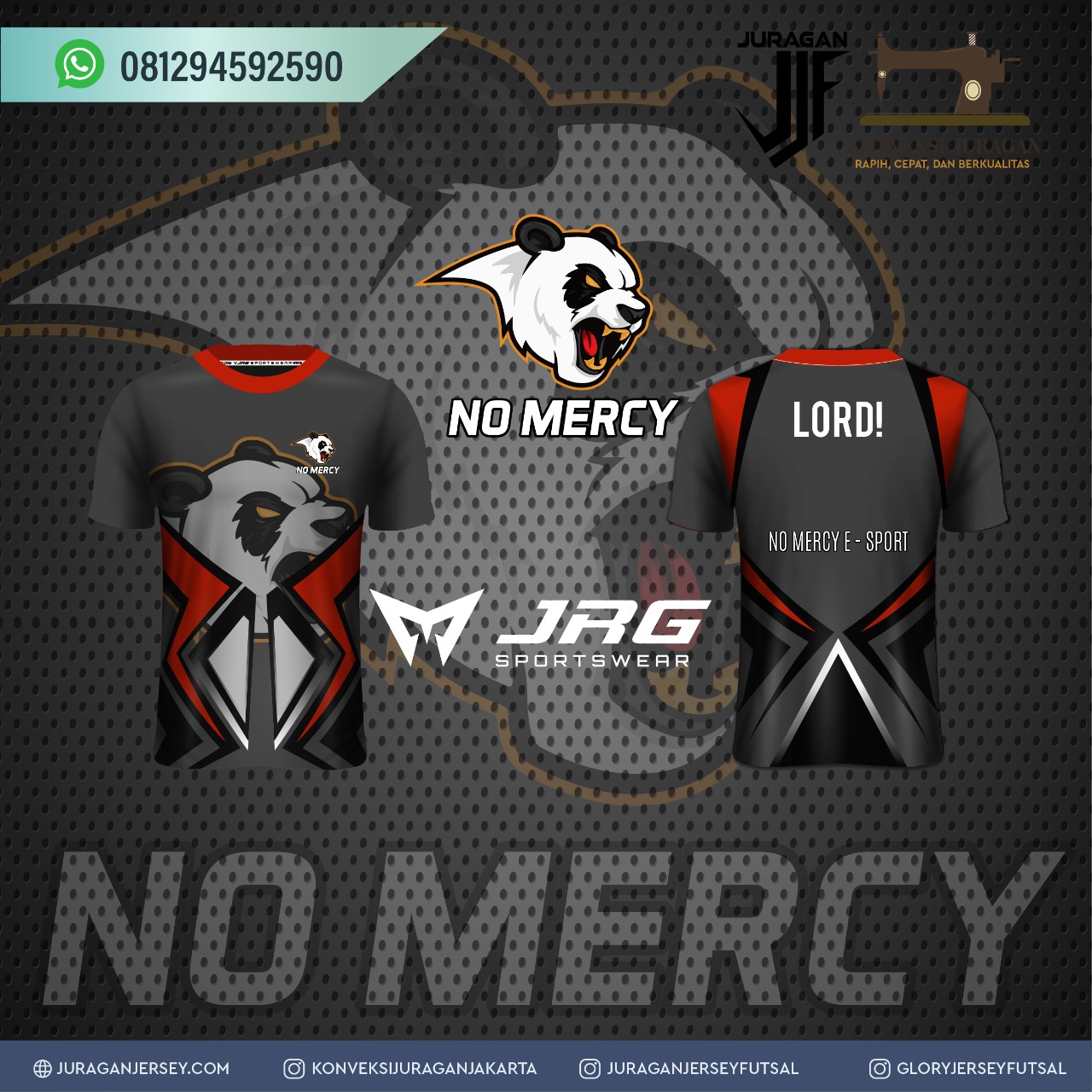 Jersey esport No Mercy warna abu-abu merah dengan maskot panda