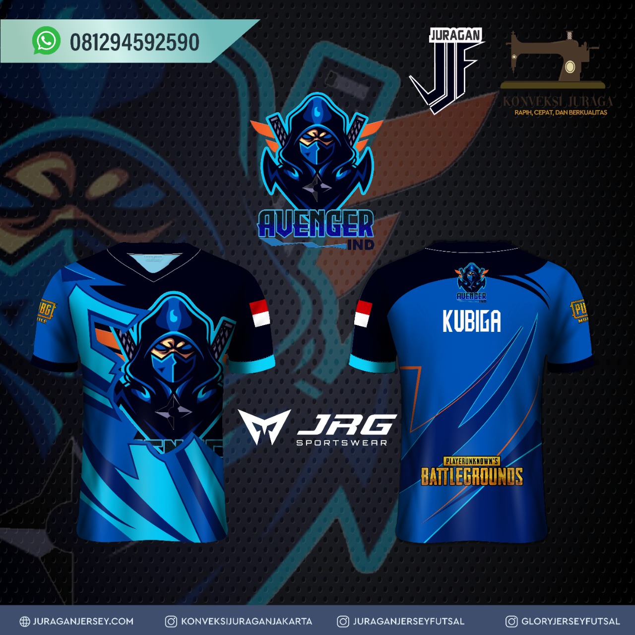 Jersey gaming Avenger IND bertema PUBG warna biru printing sublim