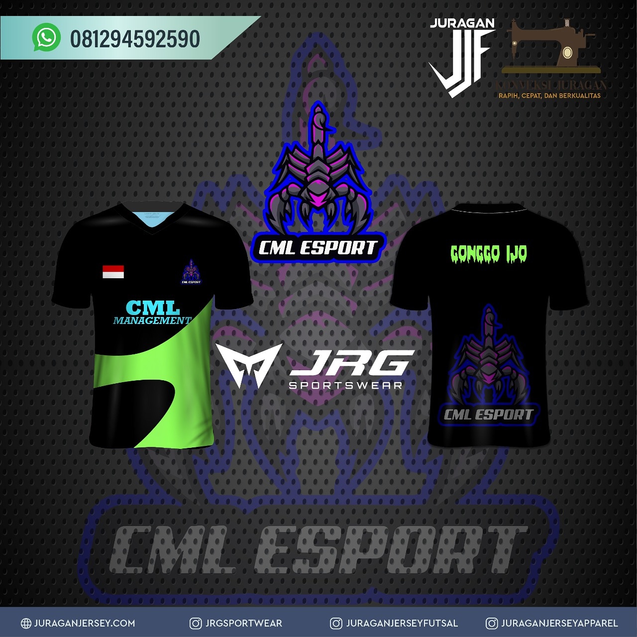 Jersey esport CML Esport warna hitam hijau stabilo printing sublim