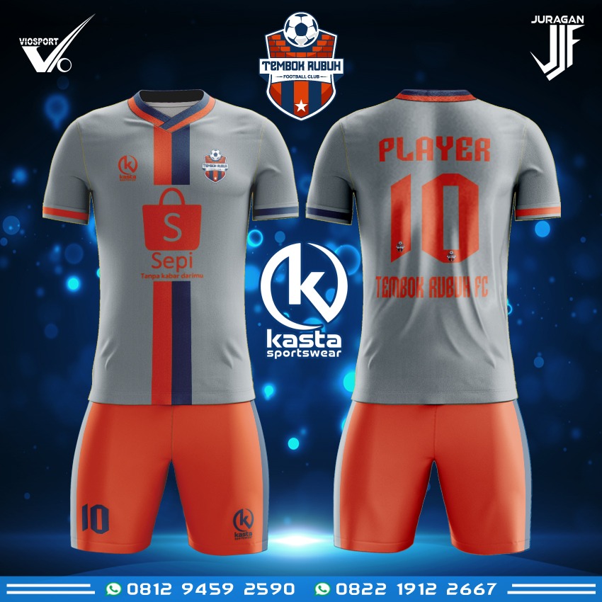 Jersey futsal custom Tembok Rubuh FC warna abu-abu oranye satu set
