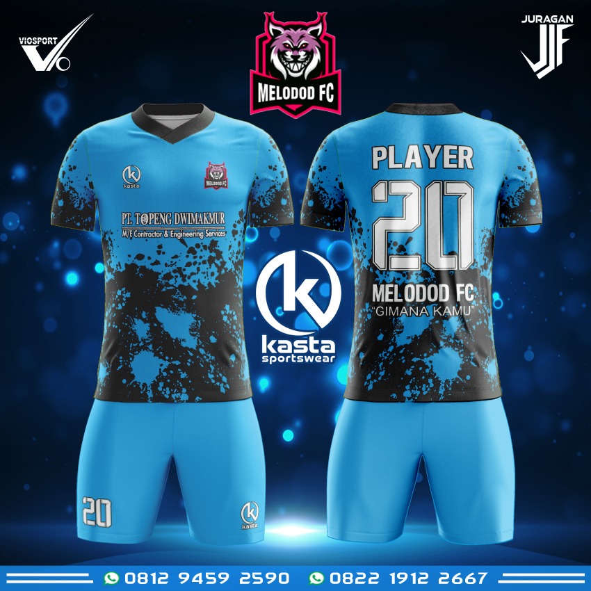 Jersey futsal custom Melodod FC warna biru muda motif splash satu set